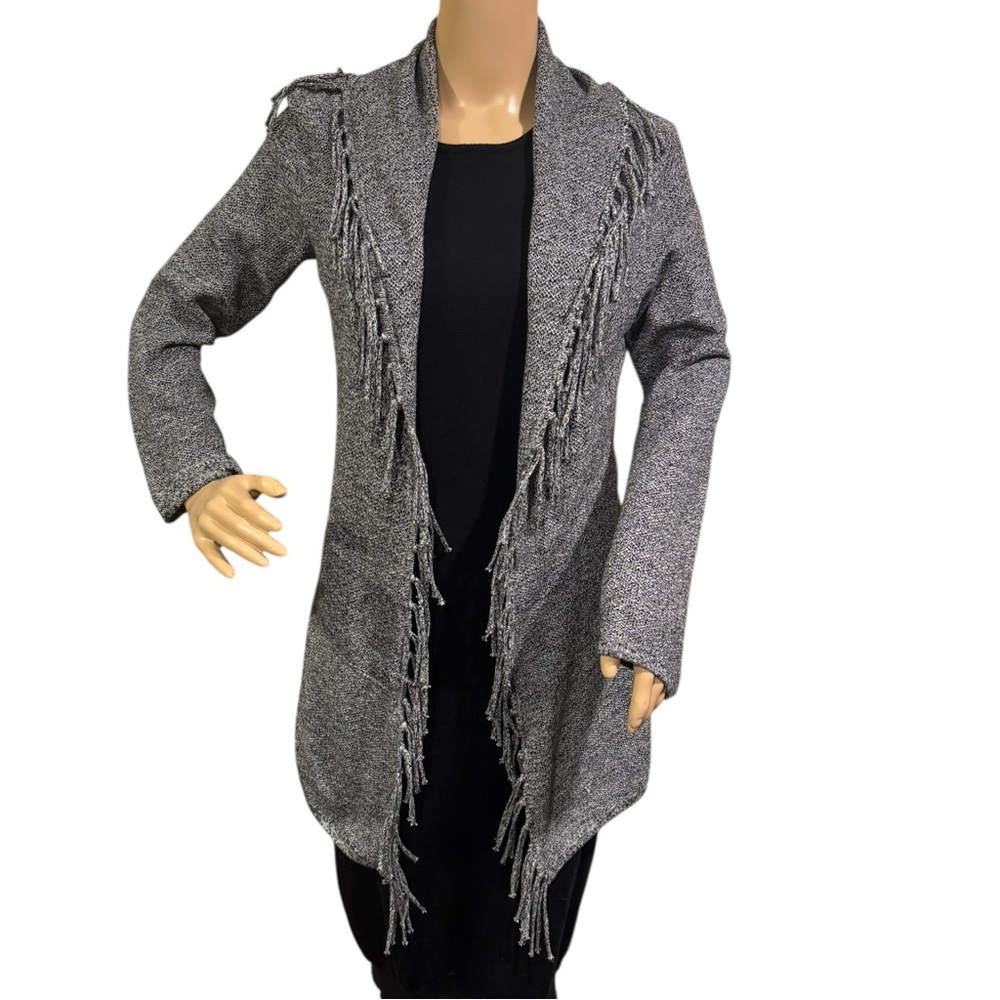 Nic + Zoe Womens Size M Gray Fringe Open Knit Cardigan Cozy Long Sleeves